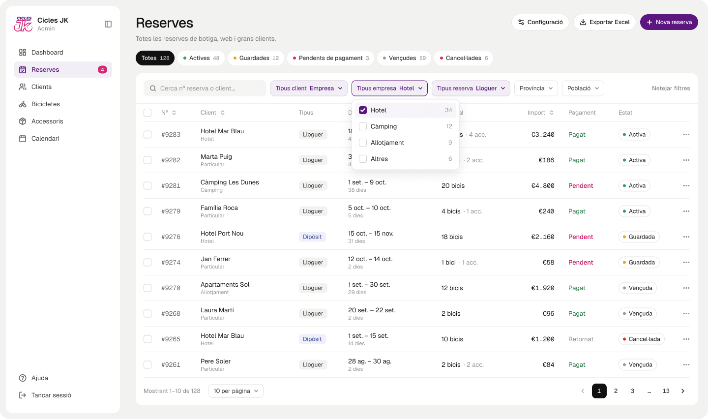 Bookings list with filters by customer type