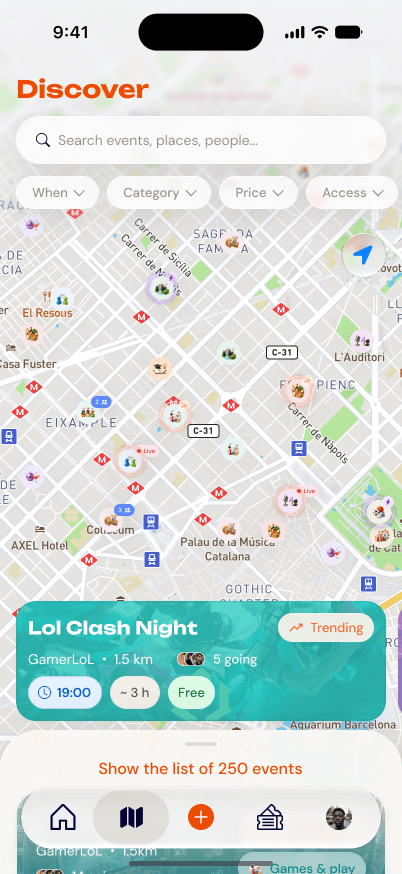 Venu map with event pins across Barcelona