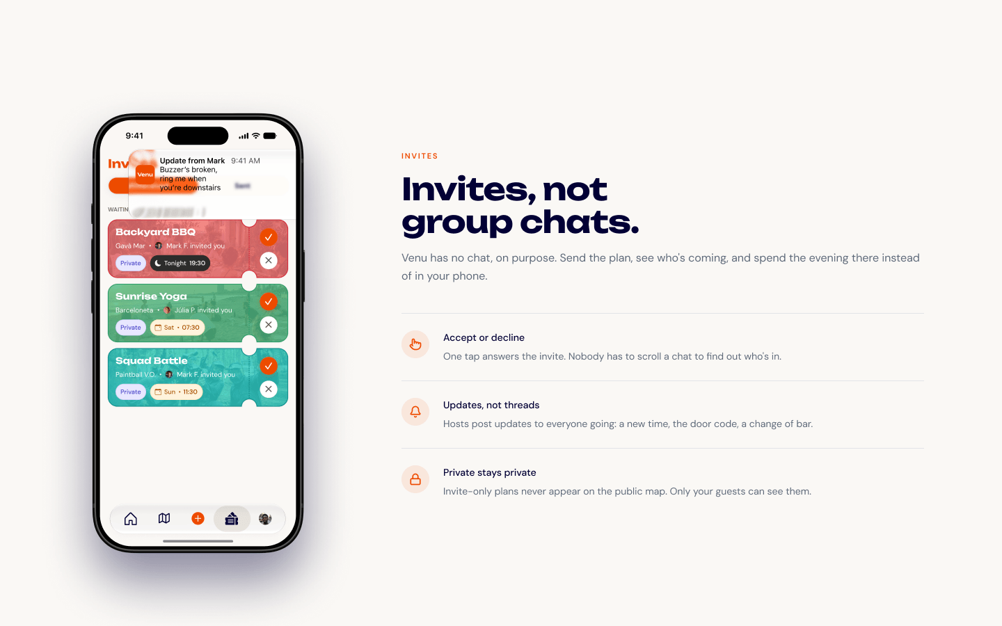 “Invites, not group chats” section with an iPhone showing invites