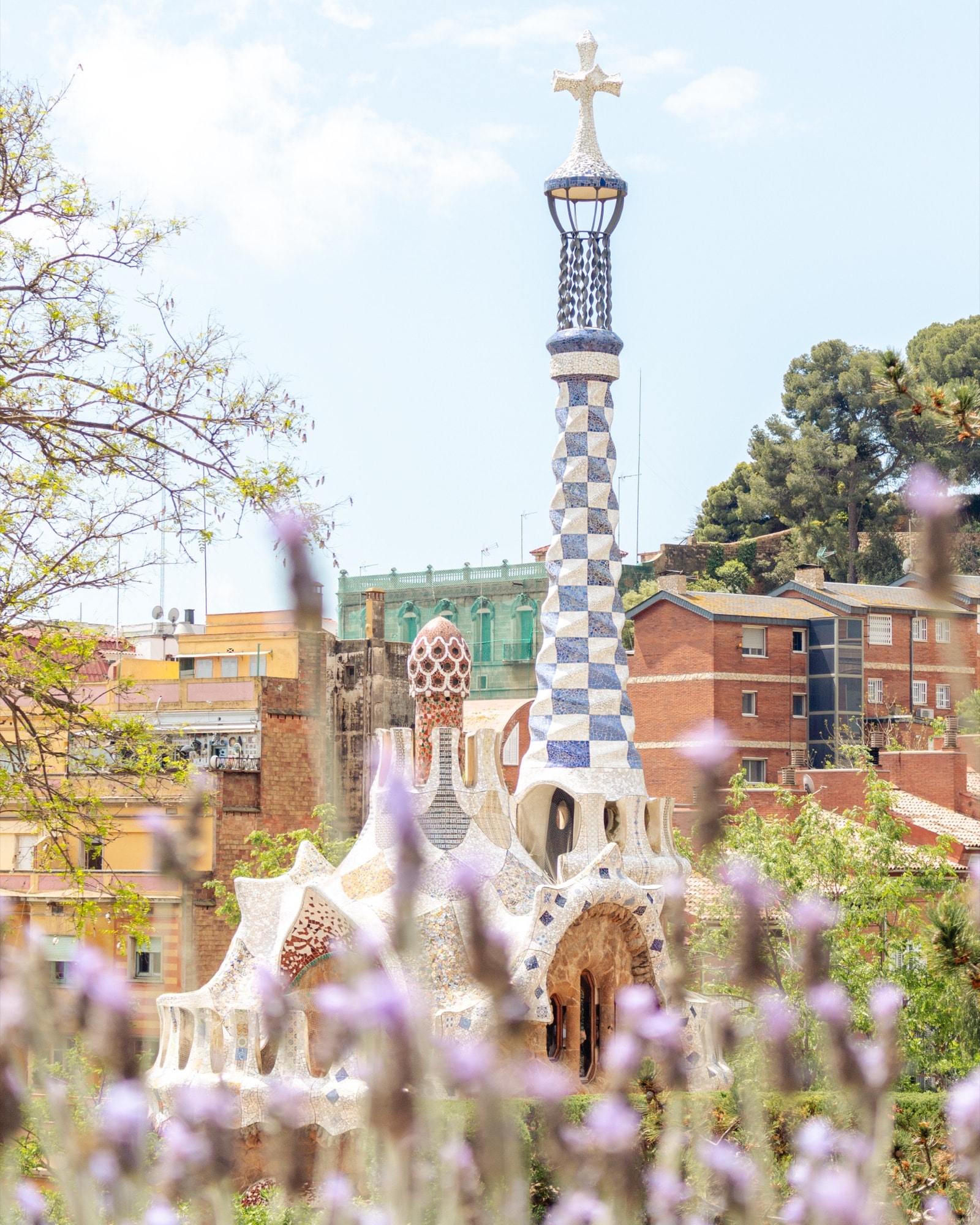Tiled tower framed by lavender