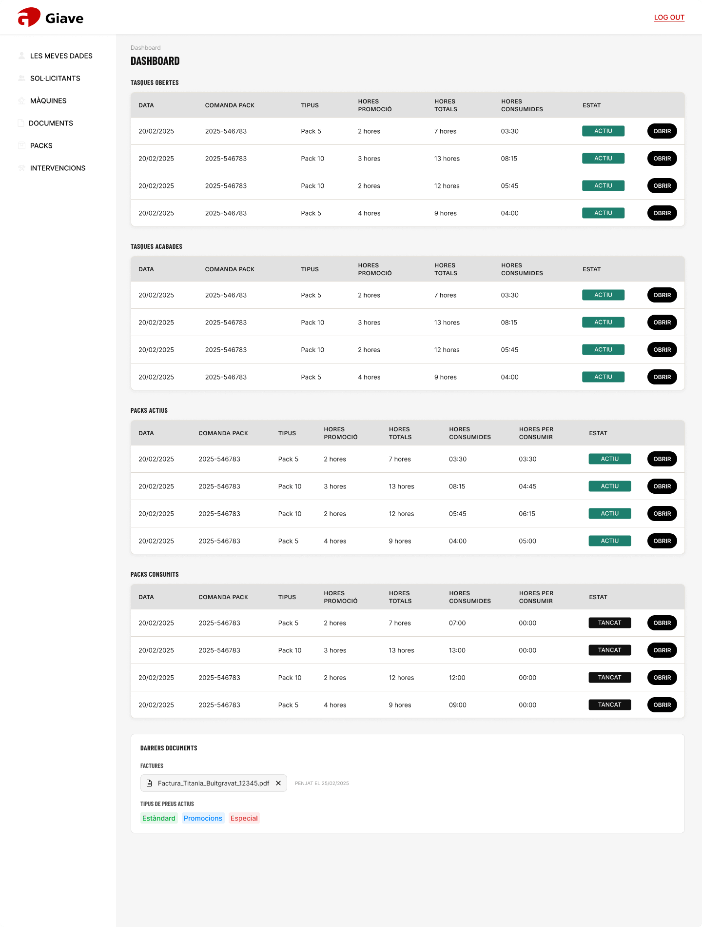 Client area dashboard