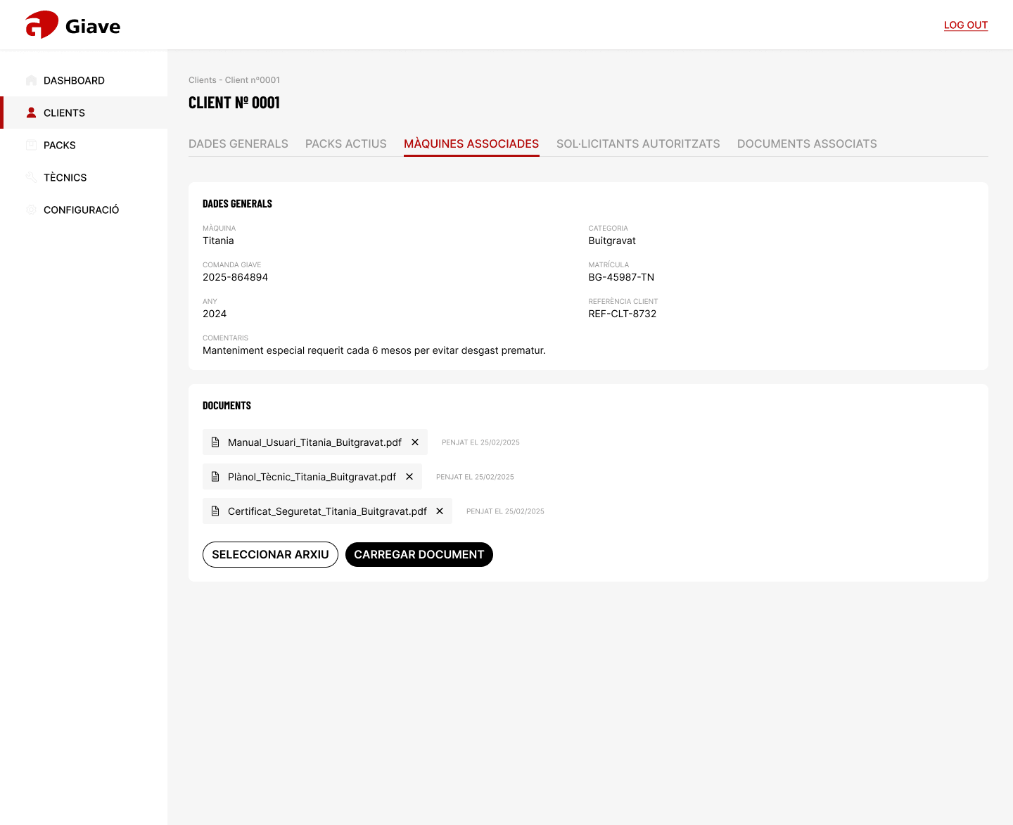 Client record with associated machines and documents
