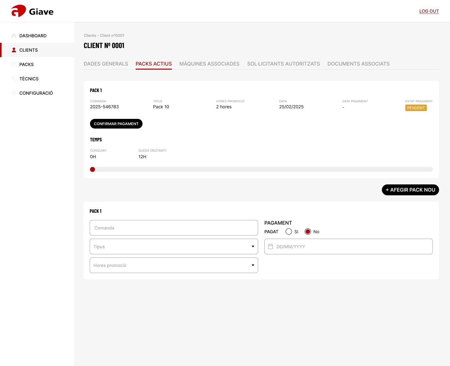Client record showing an active pack and hours used