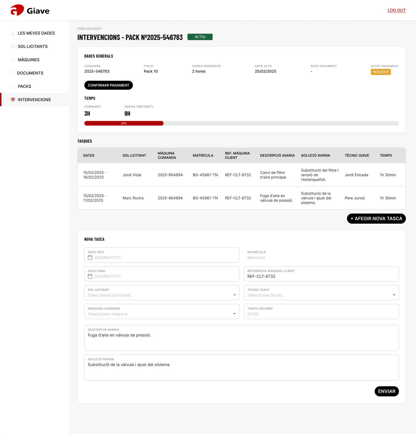 Interventions on a pack, with a new task form