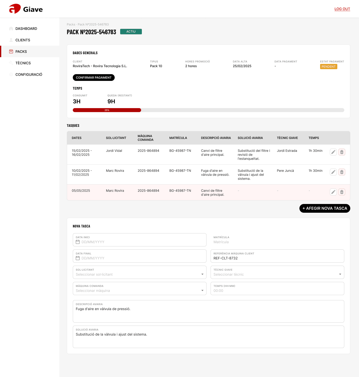 Pack sheet with time bar and tasks