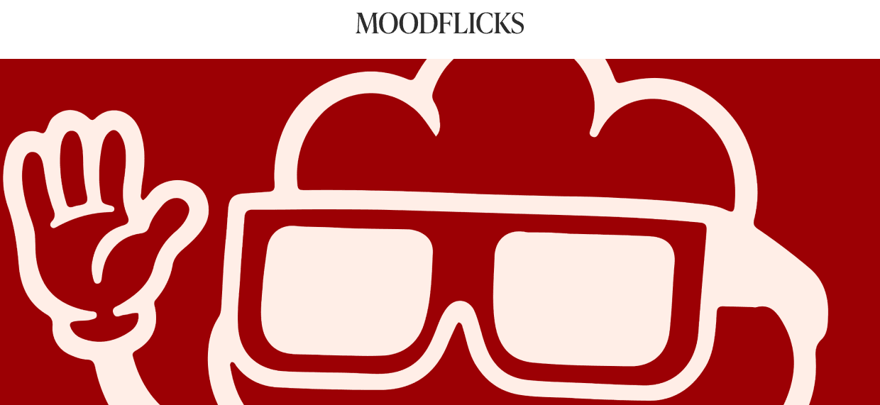 MoodFlicks popcorn mascot with 3D glasses