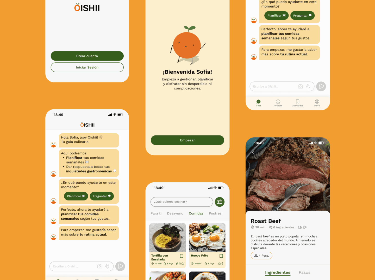 Oishii app screens on an orange background
