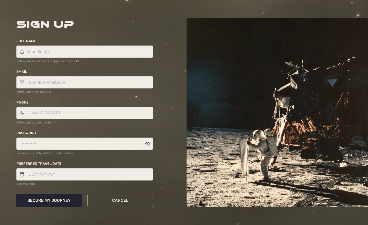 2023 sign-up form with boxed fields and a Cancel button
