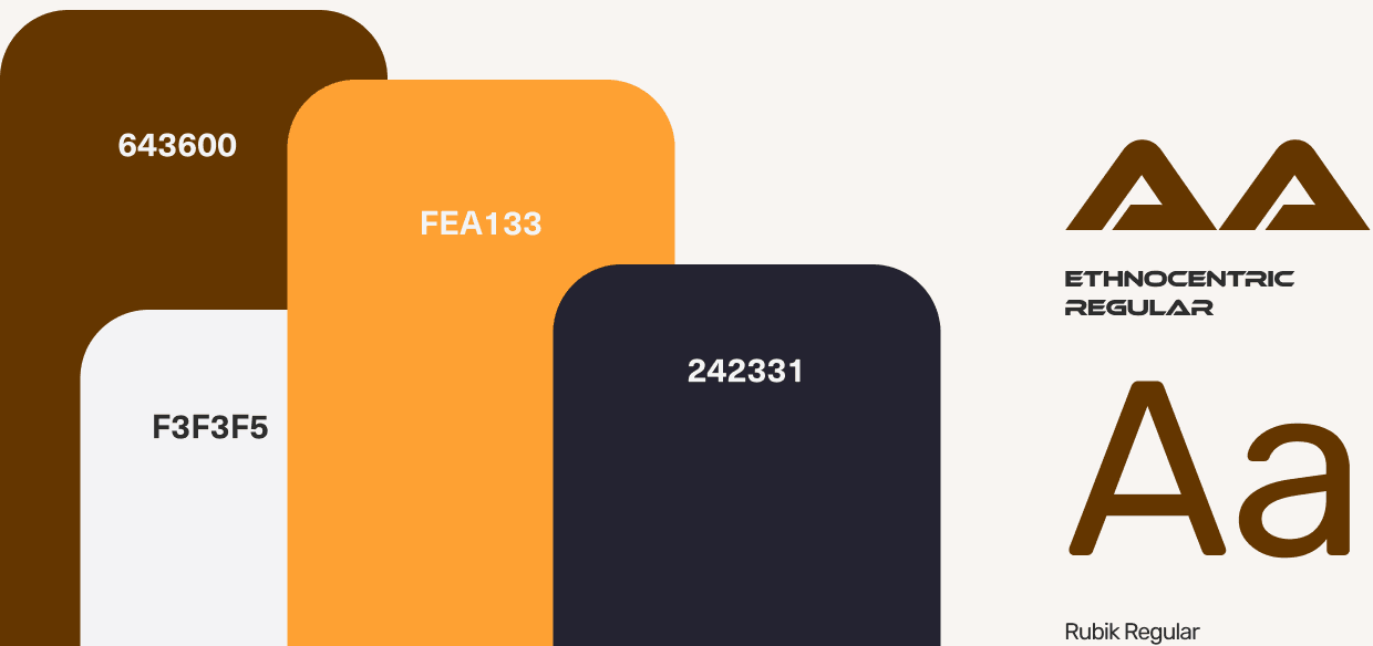Design system: brown, orange, night blue, Ethnocentric and Rubik