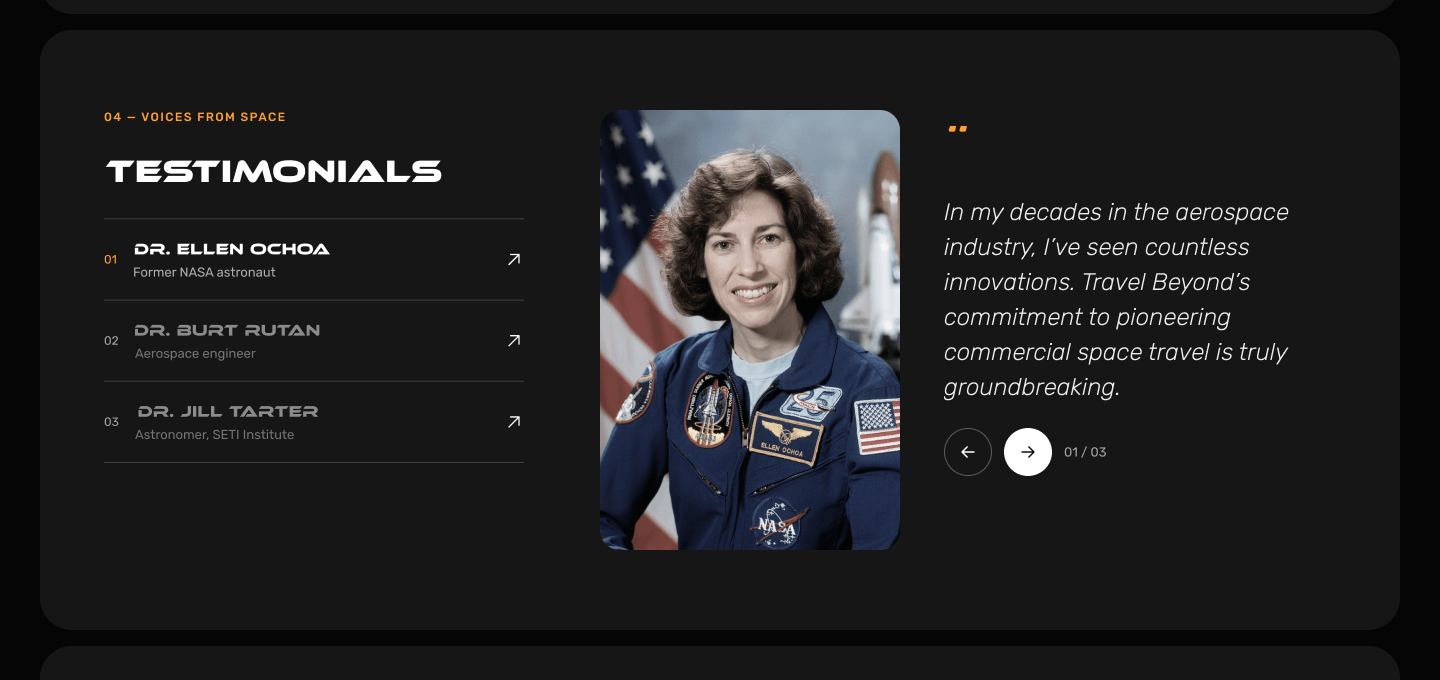 Final redesign testimonials: list of names, portrait and one large quote