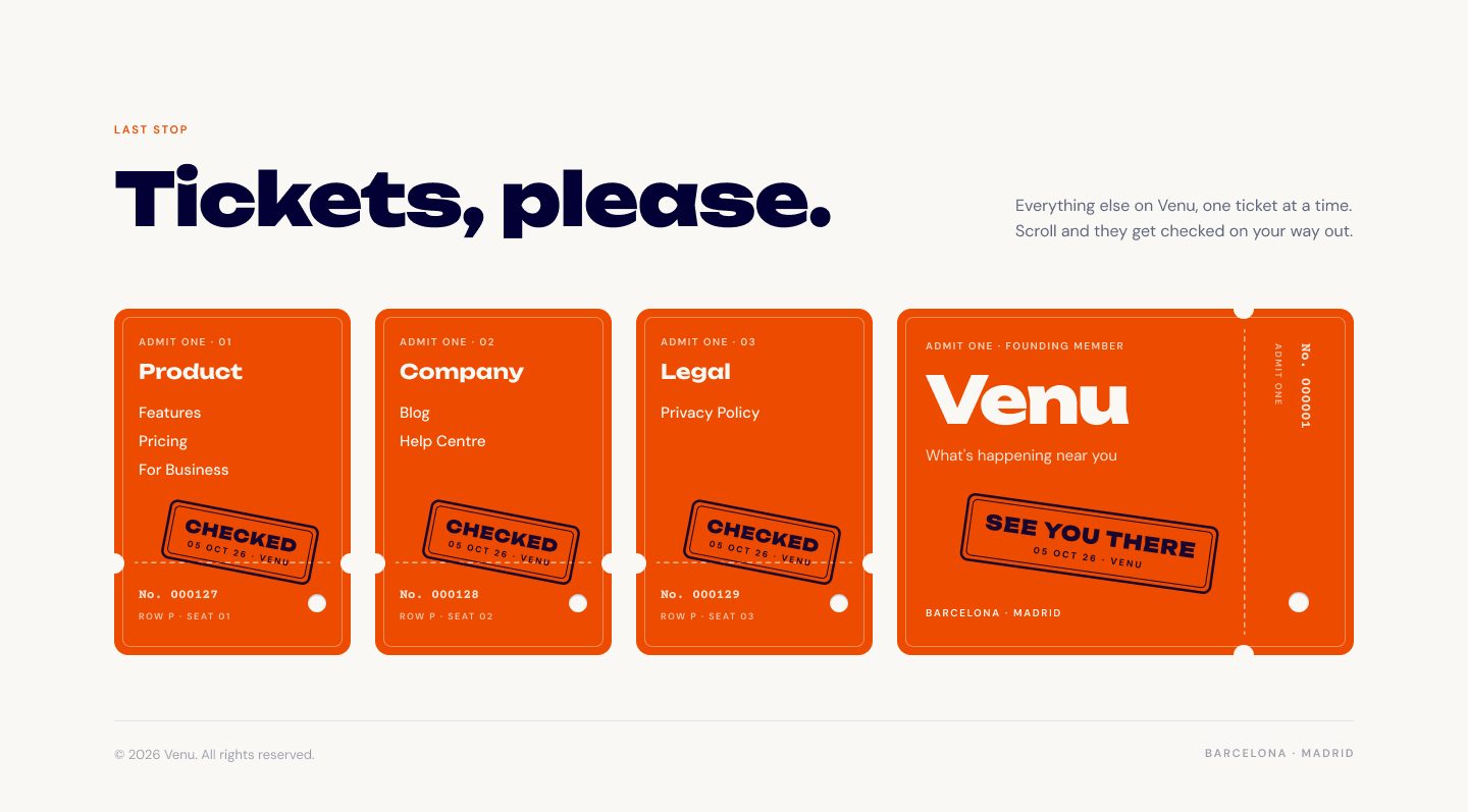 Footer as a row of orange tickets stamped “Checked”